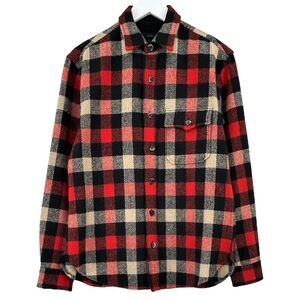 J.Crew Wool Flannel Red Black Cream Plaid Button Up Overshirt Shirt Jacket - M